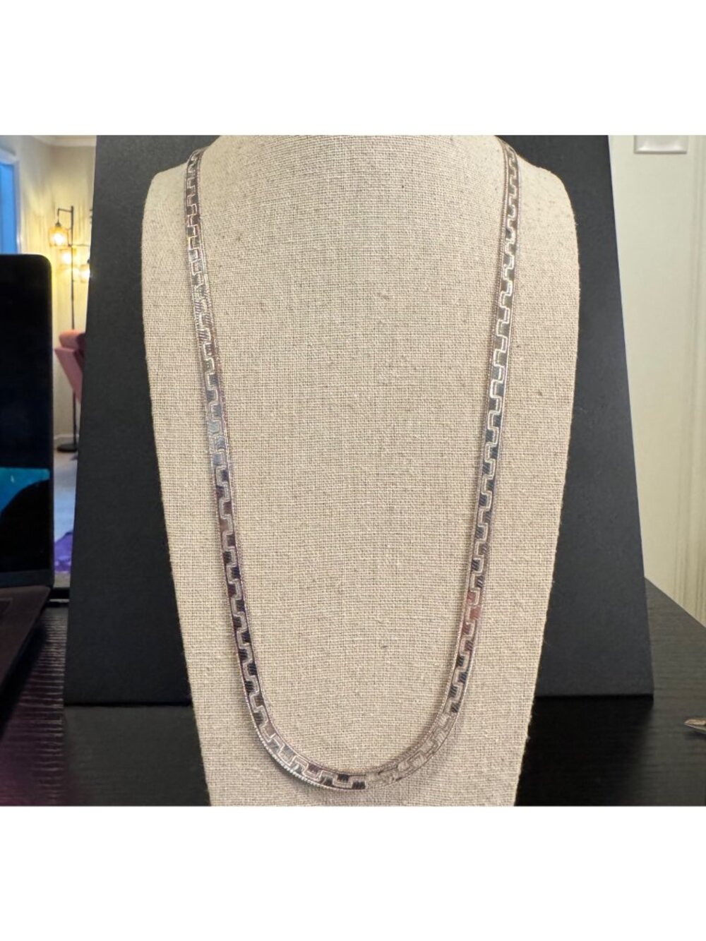 Sterling Silver 925 Herringbone Greek Key Pattern Chain Necklace 36" Length